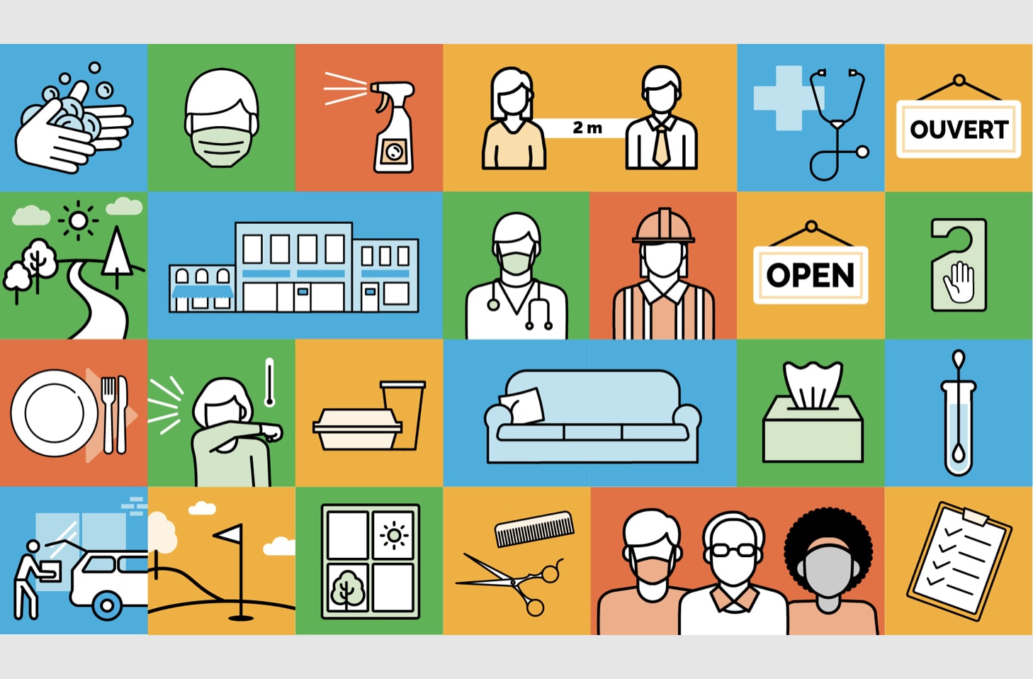 A grid of icons featuring hand-washing, schools, and doctors on brightly coloured backgrounds.