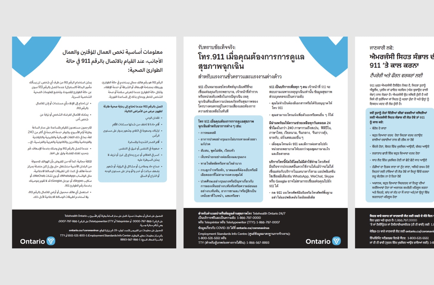 COVID-19 factsheets in a three languages.
