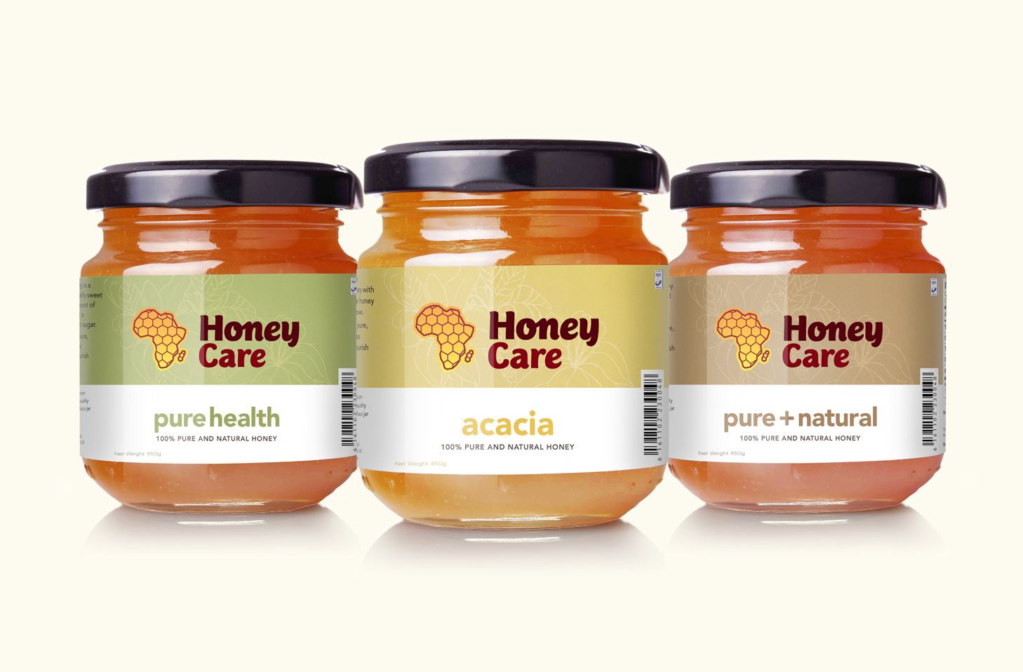 Honey packaging: pure health, acacia, and pure and natural varieties.